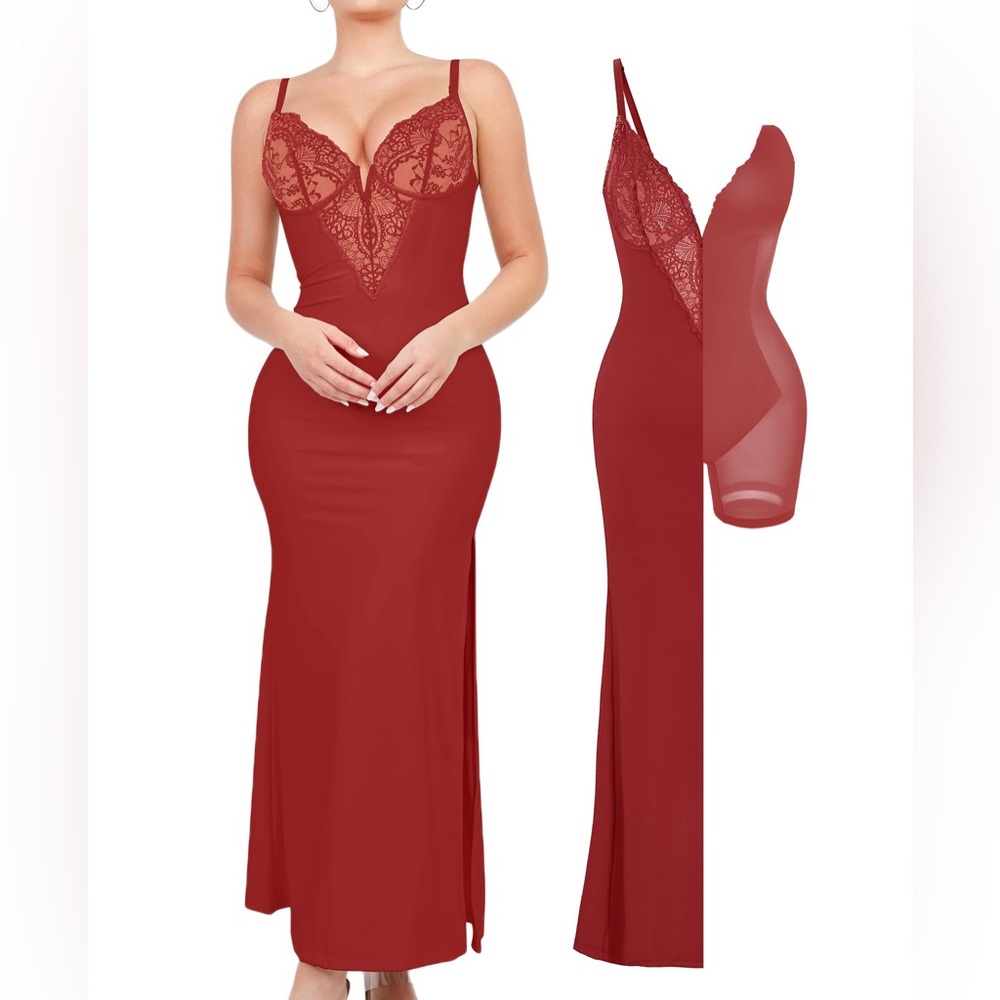 Popilush Maxi Dress, V Neck, Built-In Shapewear, Lace, High Slit Bodycon